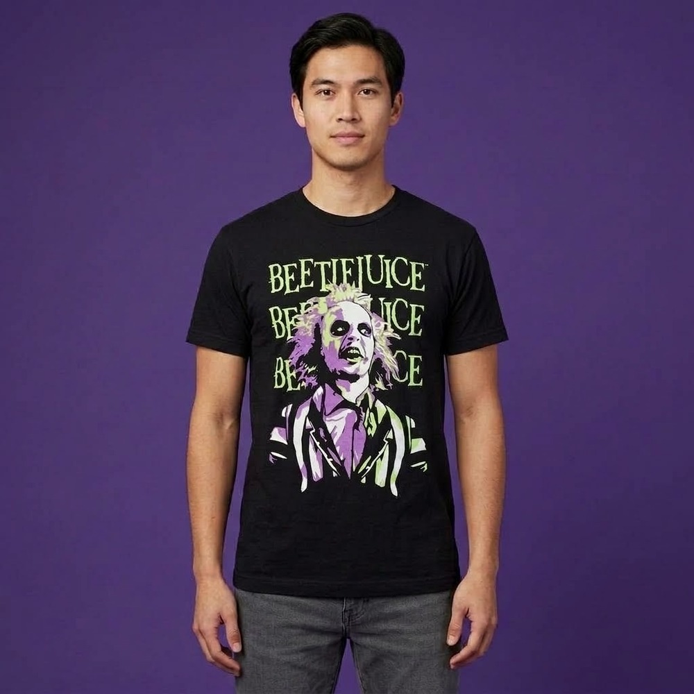 WBEI Beetlejuice Graphic Shirt Mens Medium Black Cotton EUC